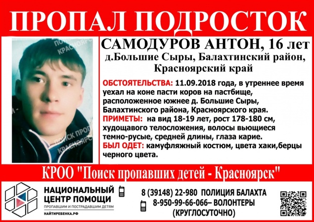 В Красноярском крае 16-летний парень уехал пасти коров и пропал